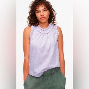 J.CREW NWT Women’s Purple Stripe Sleeveless  Cotton Ruffle Trim Top Size Mediim